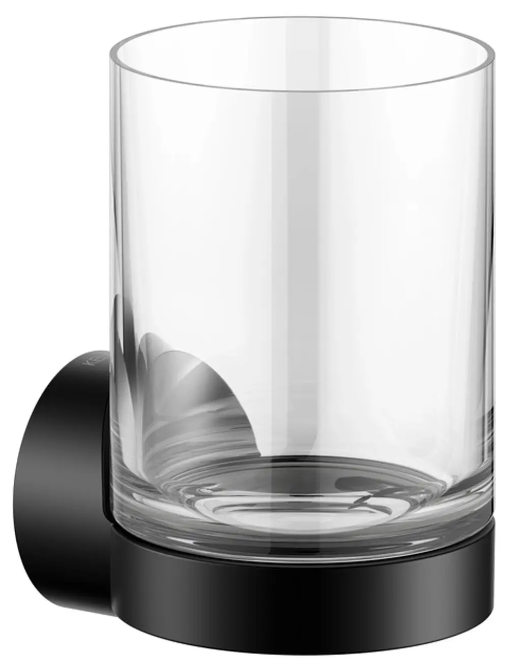 Glashalter von Keuco mit glasklarem Behälter und schwarzem, matter Basis. Der Halter ist an der Wand montiert und bietet Platz für ein Trinkglas.